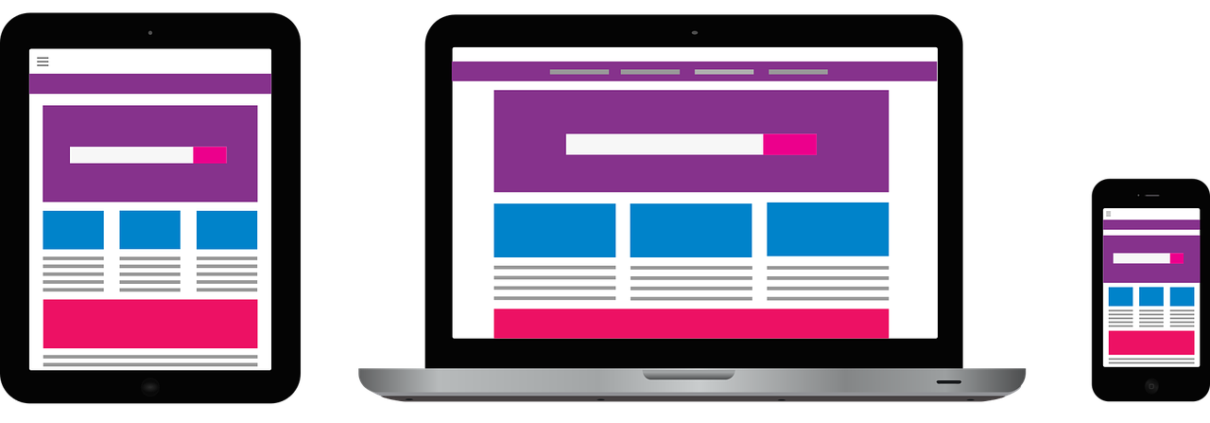 Responsive website redesign shown on three devices: tablet, laptop and phone.