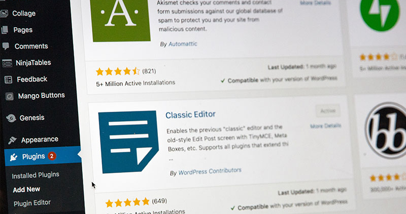 Back end of a wordpress site showing popular plugins
