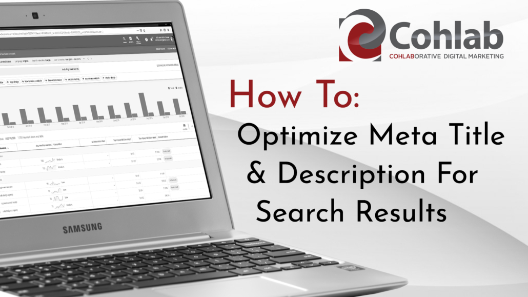 Title screen showing a laptop with Google Analytics on it, reading: How To Optimize Meta Title & Description For Search Results