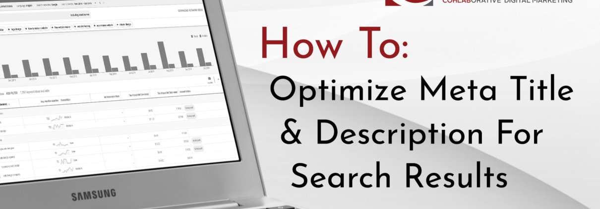 Title screen showing a laptop with Google Analytics on it, reading: How To Optimize Meta Title & Description For Search Results