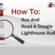 Title card reading: How to run and read a Google Lighthouse audit. With lighthouse graphic on grey background.