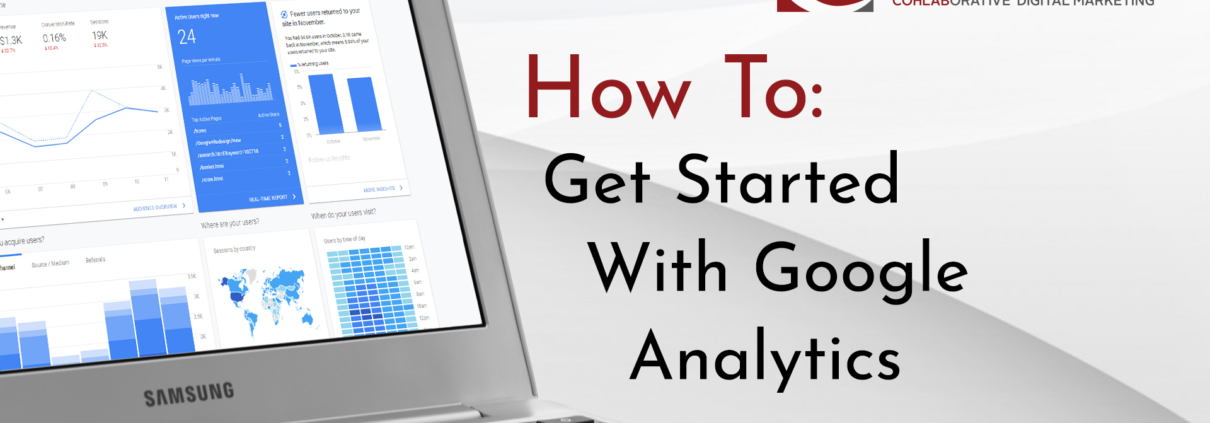 Title Cards which reads: How To Get Started With Google Analytics with a laptop displaying Analytics report on it.