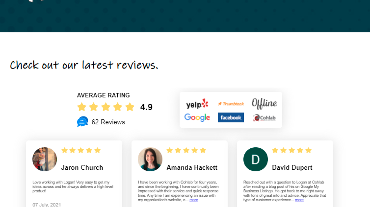 Image showing Cohlab Digital Marketing reviews page, with reviews gathered from Google, Facebook, Yelp, Thumbtack, and offline reviews.