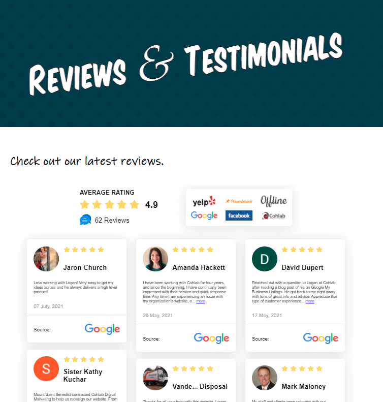 All_Collected_Reviews_Page Image showing Cohlab Digital Marketing reviews page, with reviews gathered from Google, Facebook, Yelp, Thumbtack, and offline reviews.