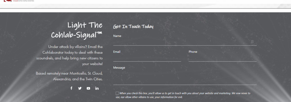 Example contact form from cohlab.com featuring invisible honeypot, hidden email address, server-level IP blocking, and an email filter to stop contact form spam.
