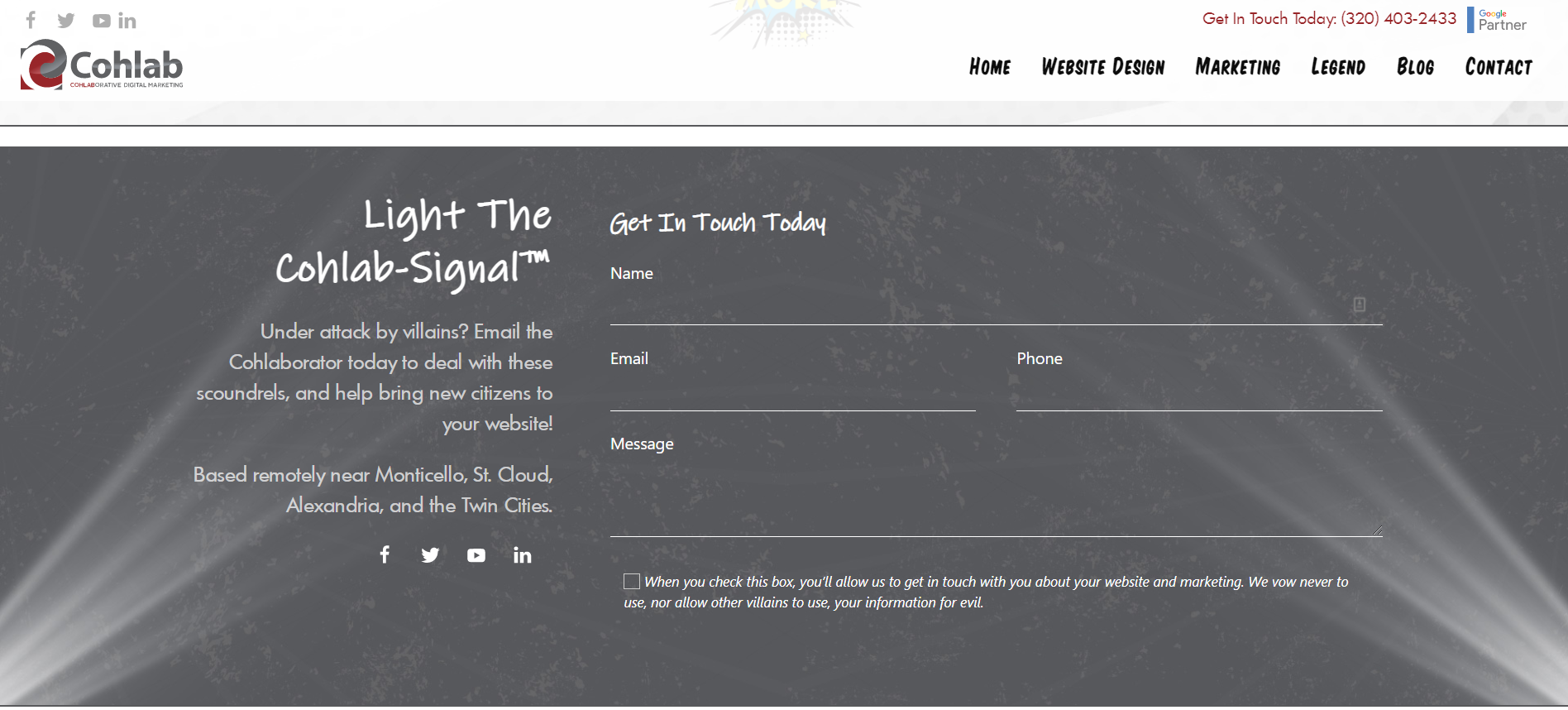 Example contact form from cohlab.com featuring invisible honeypot, hidden email address, server-level IP blocking, and an email filter to stop contact form spam.