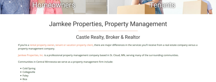 Custom Trustdyx website design for Jamkee Properties home page in St. Cloud, MN