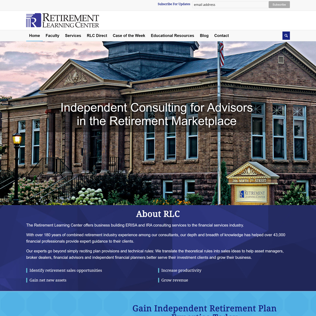 rlc-1030x1030 Home page design for Retirement Learning Center, including menu, hero image, about information, and services.