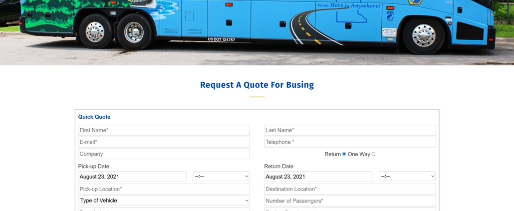 Home page of new 2021 website for Voigt’s Bus Service, featuring a large video at the top, request a quote form, full menu, and driver portal at top right.
