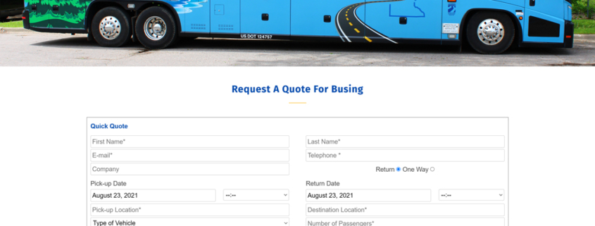Home page of new 2021 website for Voigt’s Bus Service, featuring a large video at the top, request a quote form, full menu, and driver portal at top right.