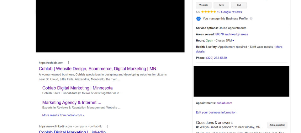 GBP profile for Cohlab Digital Marketing in the Alexandria, MN area. Google Business Profile looks nearly identical to Google My Business (GMB) in Google Search.