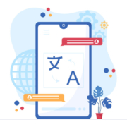 Cartoon illustration with a mobile phone and multilingual translations