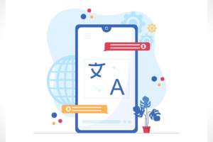 Cartoon illustration with a mobile phone and multilingual translations