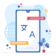 Cartoon illustration with a mobile phone and multilingual translations