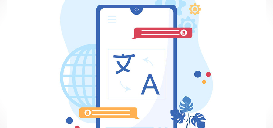 Cartoon illustration with a mobile phone and multilingual translations