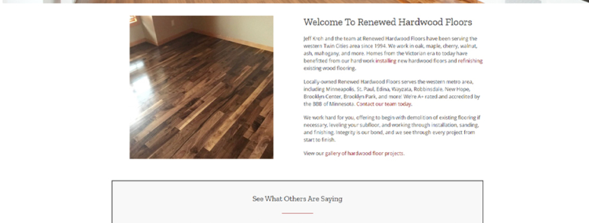 Custom Trustdyx website design for Renewed Hardwood Floors home page in Brooklyn Park, MN
