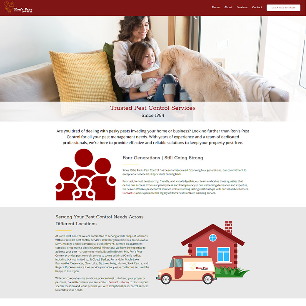Custom Trustdyx website design for Ron's Pest Control home page in Becker, MN