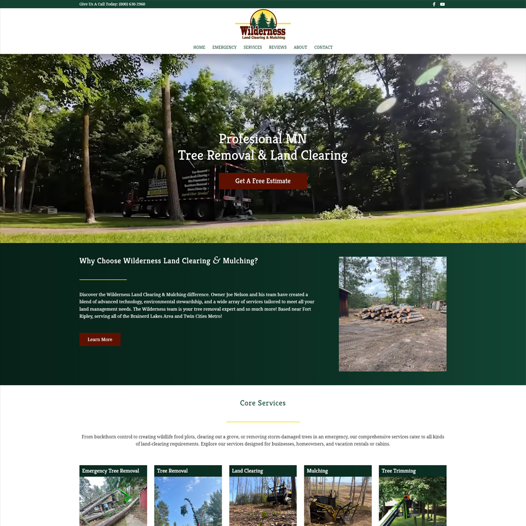 Custom WordPress website design for Wilderness Land Clearing & Mulching home page in Fort Ripley, MN