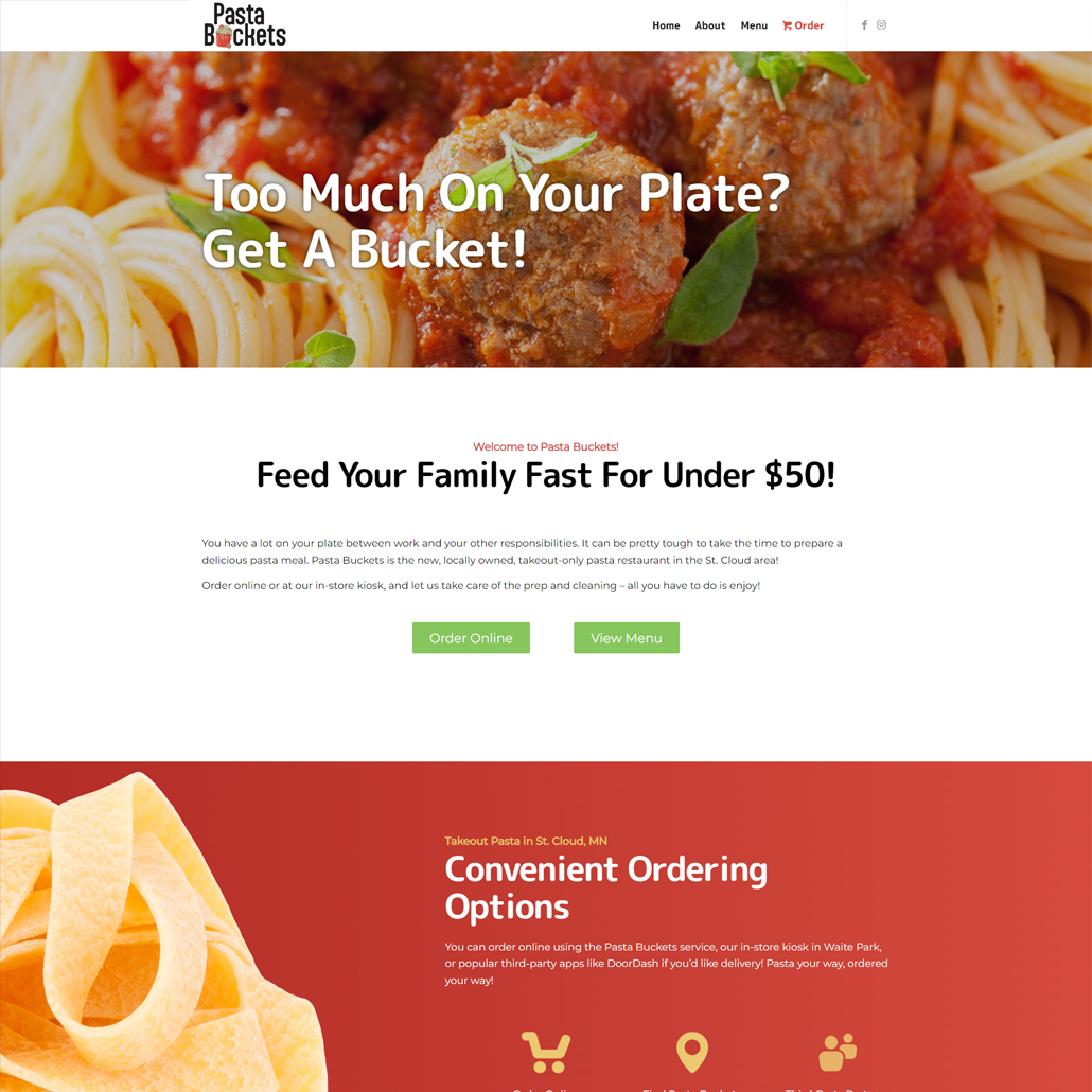 Custom WordPress website design for Pasta Buckets home page in St. Cloud, MN