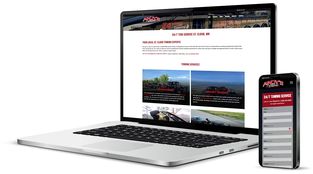 Andys Andy's Towing website shown on laptop and mobile