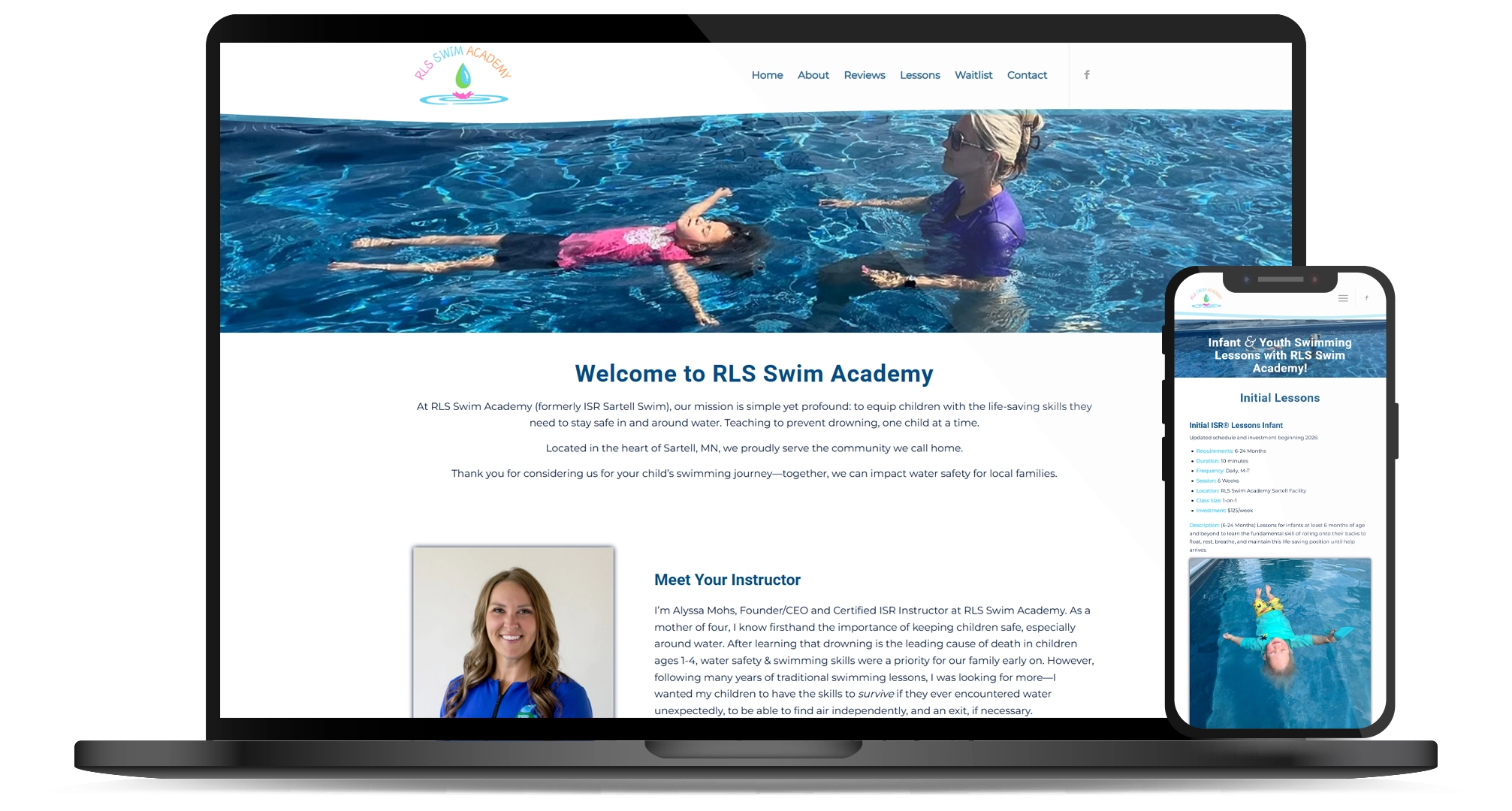 RLS RLS Swim website on a computer and mobile phone screen