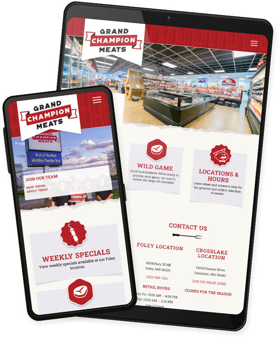 Grand Champion Meats website shown on a tablet and mobile phone