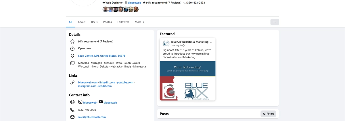 The Blue Ox Websites & Marketing Facebook profile page.