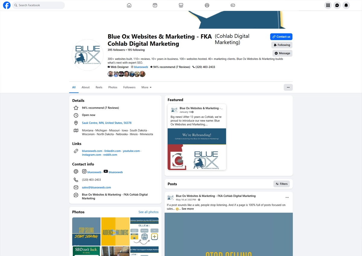 The Blue Ox Websites & Marketing Facebook profile page.