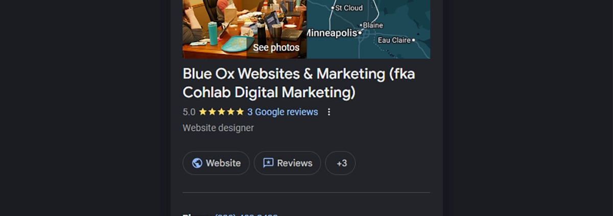 A Google Business Profile listing for Blue Ox Websites & Marketing.