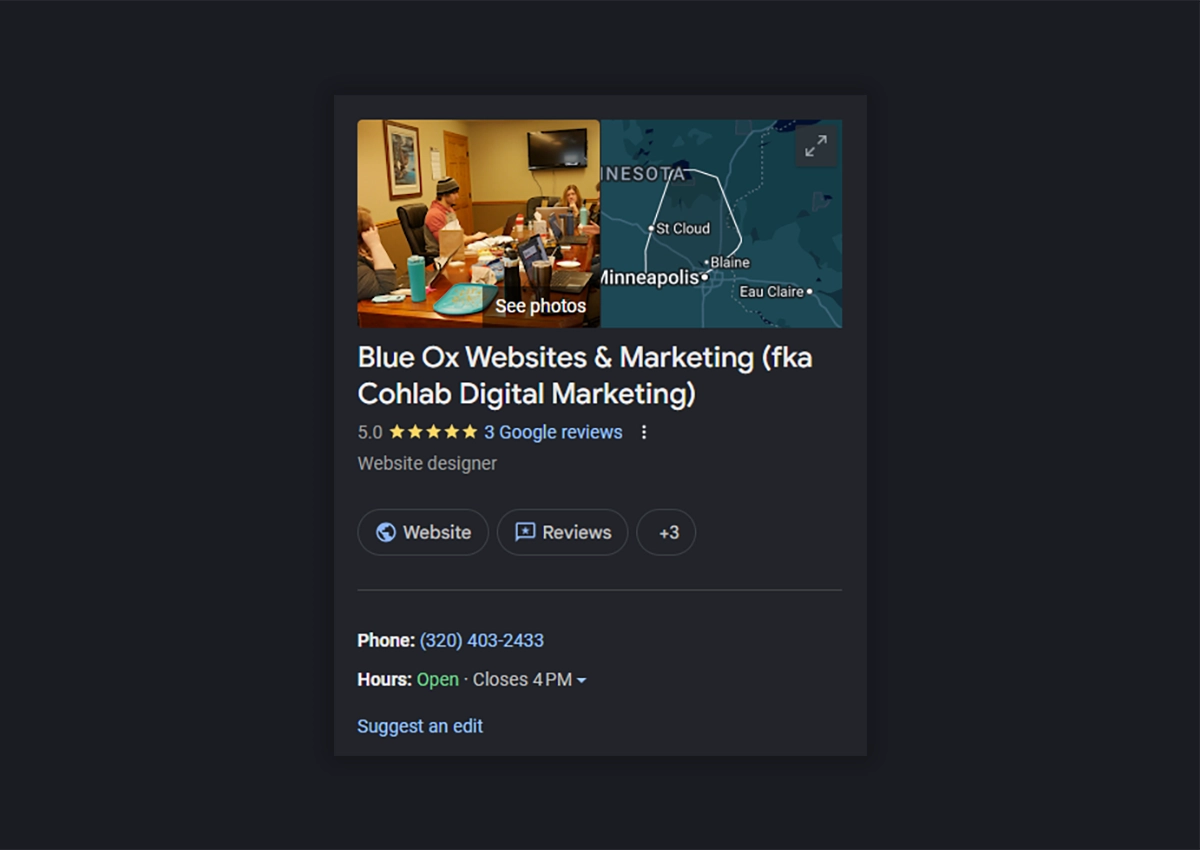 A Google Business Profile listing for Blue Ox Websites & Marketing.