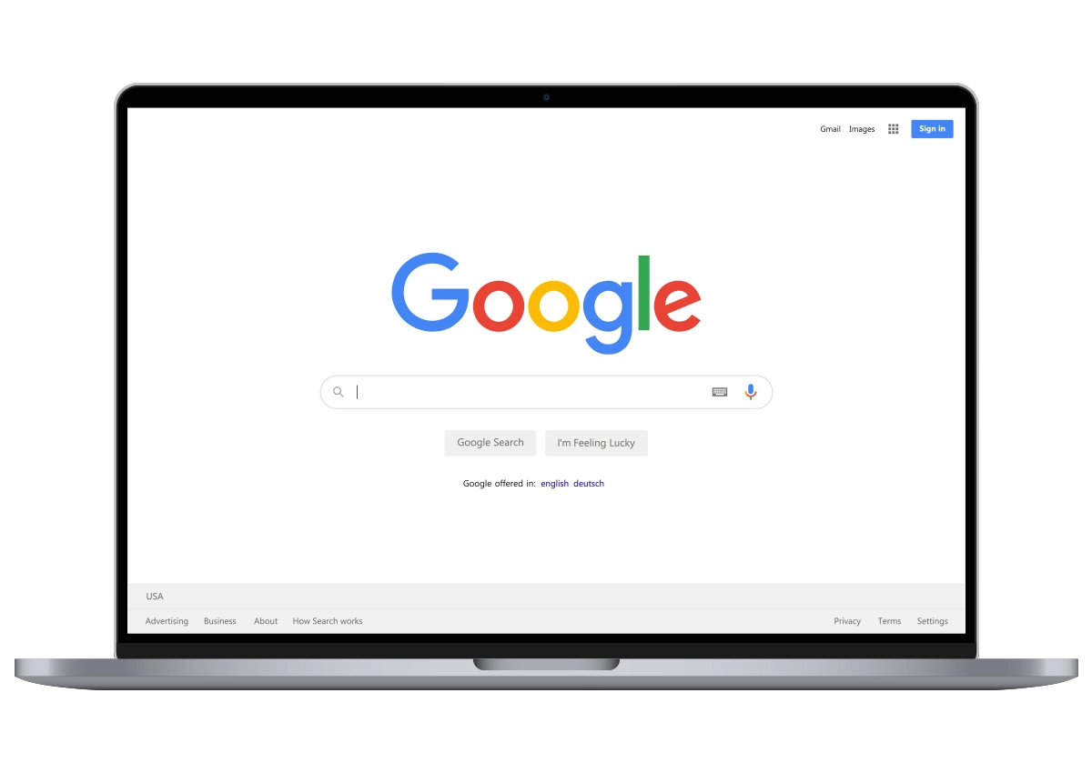 The Google Search home screen on a laptop.