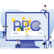An illustration depicting a desktop computer screen showing a search bar with PPC advertising.