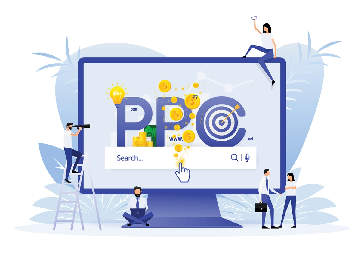 An illustration depicting a desktop computer screen showing a search bar with PPC advertising.