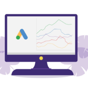 An illustration depicting Google Ads analytics on a desktop computer screen.