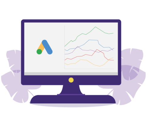 An illustration depicting Google Ads analytics on a desktop computer screen.
