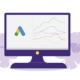 An illustration depicting Google Ads analytics on a desktop computer screen.