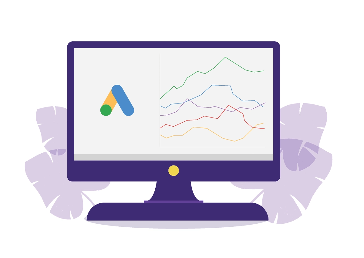 googleAdsAnalyitcs An illustration depicting Google Ads analytics on a desktop computer screen.