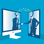 An illustration of two people shaking hands from separate computers, portraying online trust.