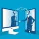 An illustration of two people shaking hands from separate computers, portraying online trust.