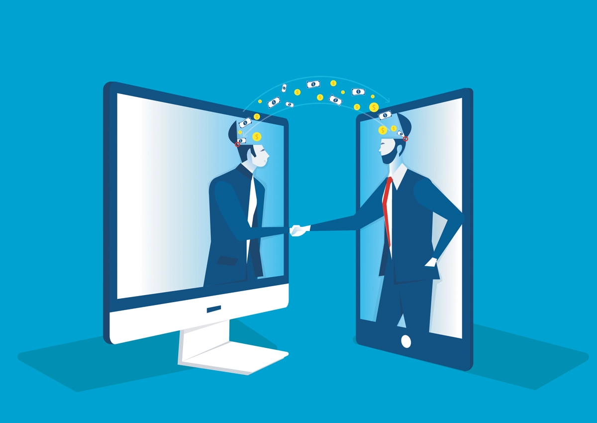 An illustration of two people shaking hands from separate computers, portraying online trust.