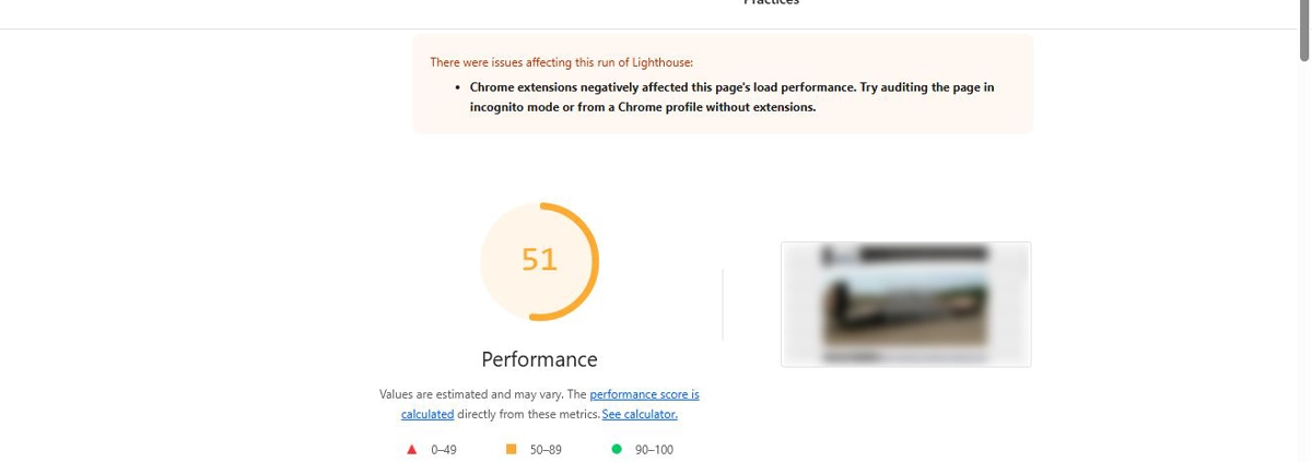 Google Lighthouse audit of a website with a poor performance score