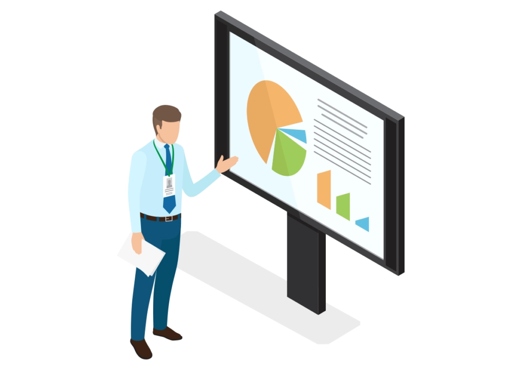 An illustration of a businessman presenting data with charts.