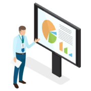 An illustration of a businessman presenting data with charts.