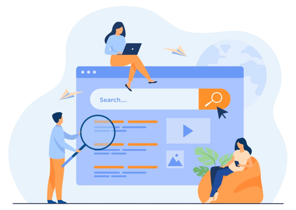 An illustration of a search engine with people using devices to search and a man with a magnifying glass.