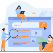 An illustration of a search engine with people using devices to search and a man with a magnifying glass.