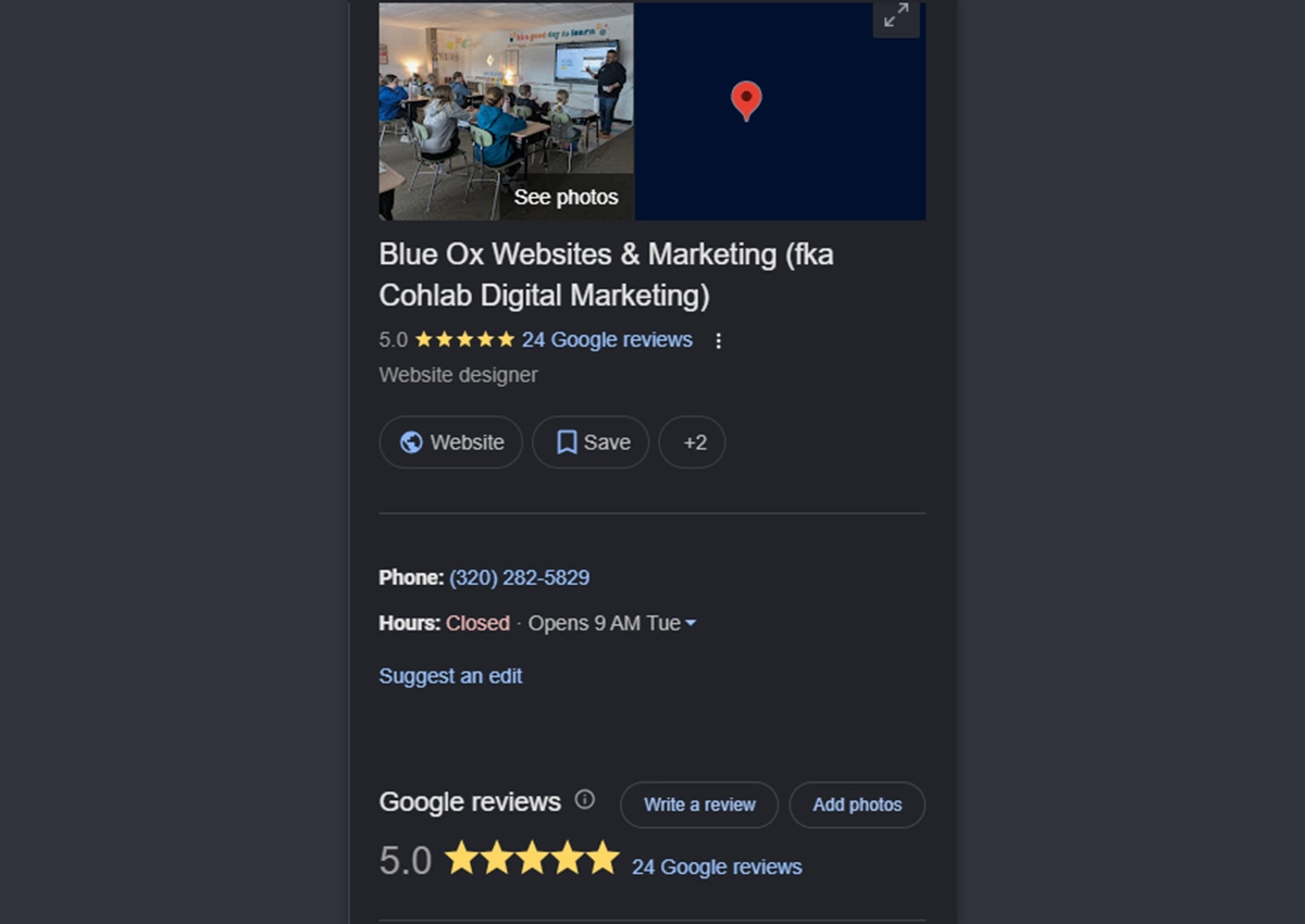 A Google Business Profile listing for Blue Ox Websites & Marketing.